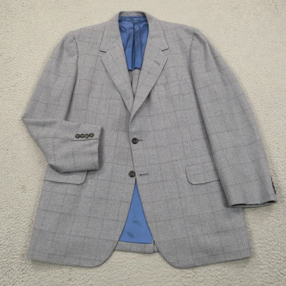 Oxxford Clothes Blazer 44L Super 100s Wool Windowpane Sport Coat Gray Mens